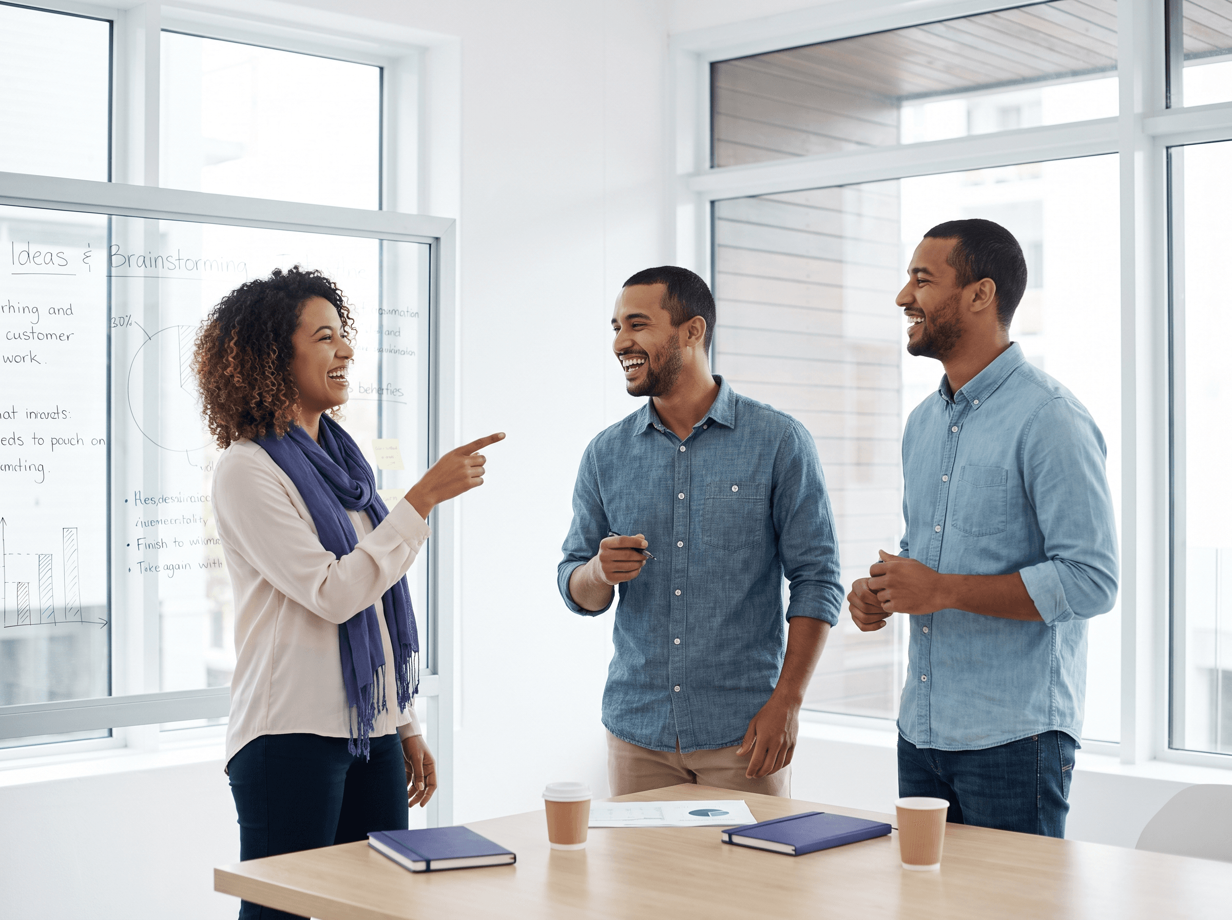 Equipe colaborando diante de um quadro branco em escritório claro