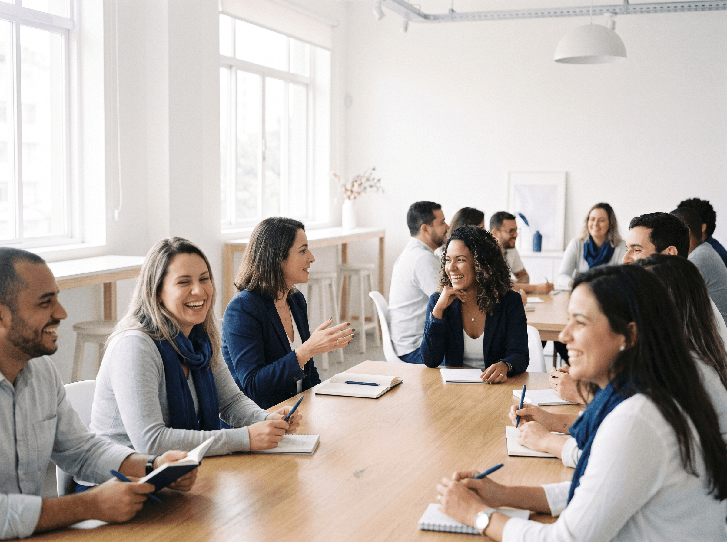 Workshop da comunidade com participantes colaborando em ambiente claro