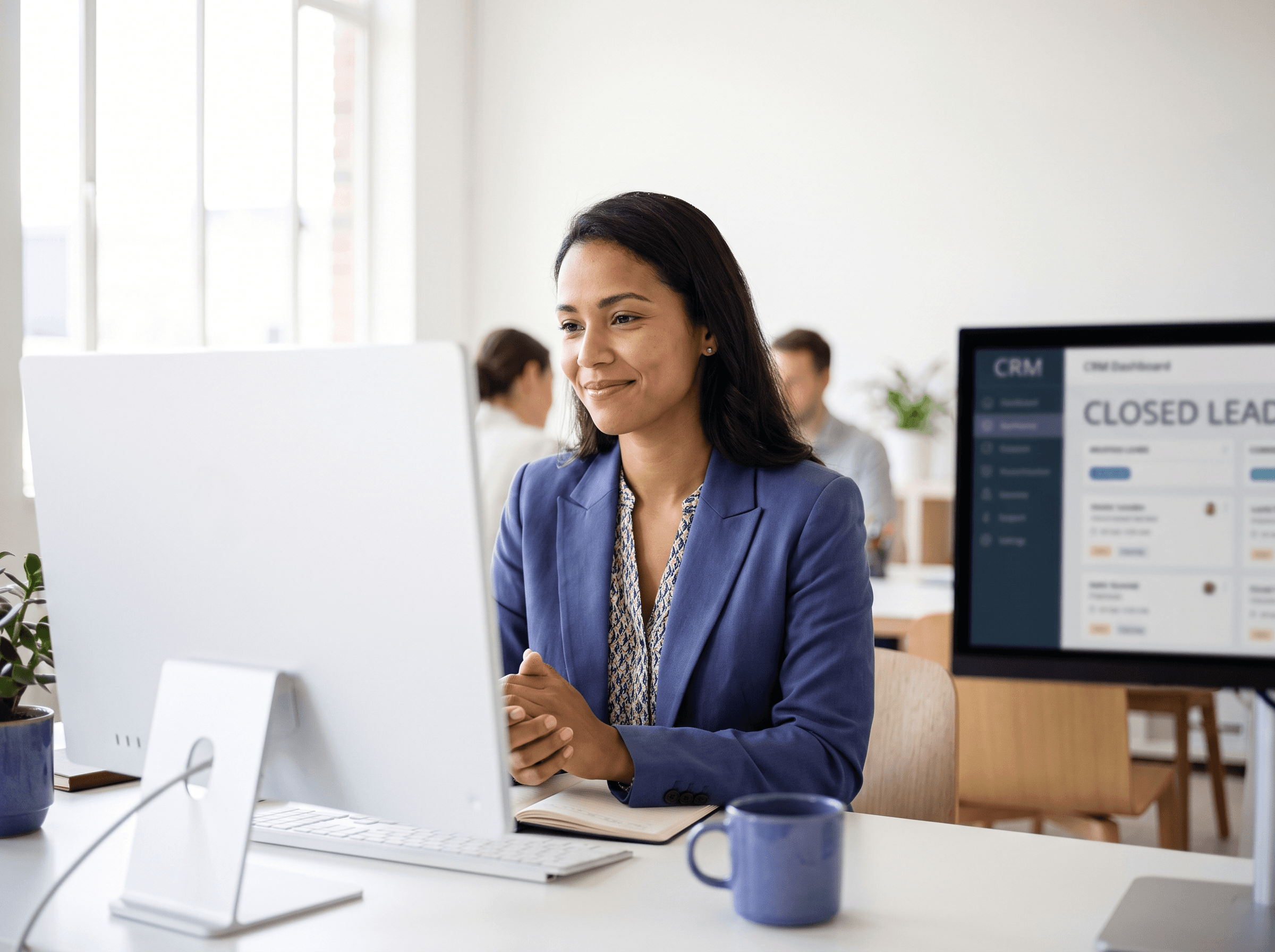 Vendedor comemorando um lead fechado diante do CRM