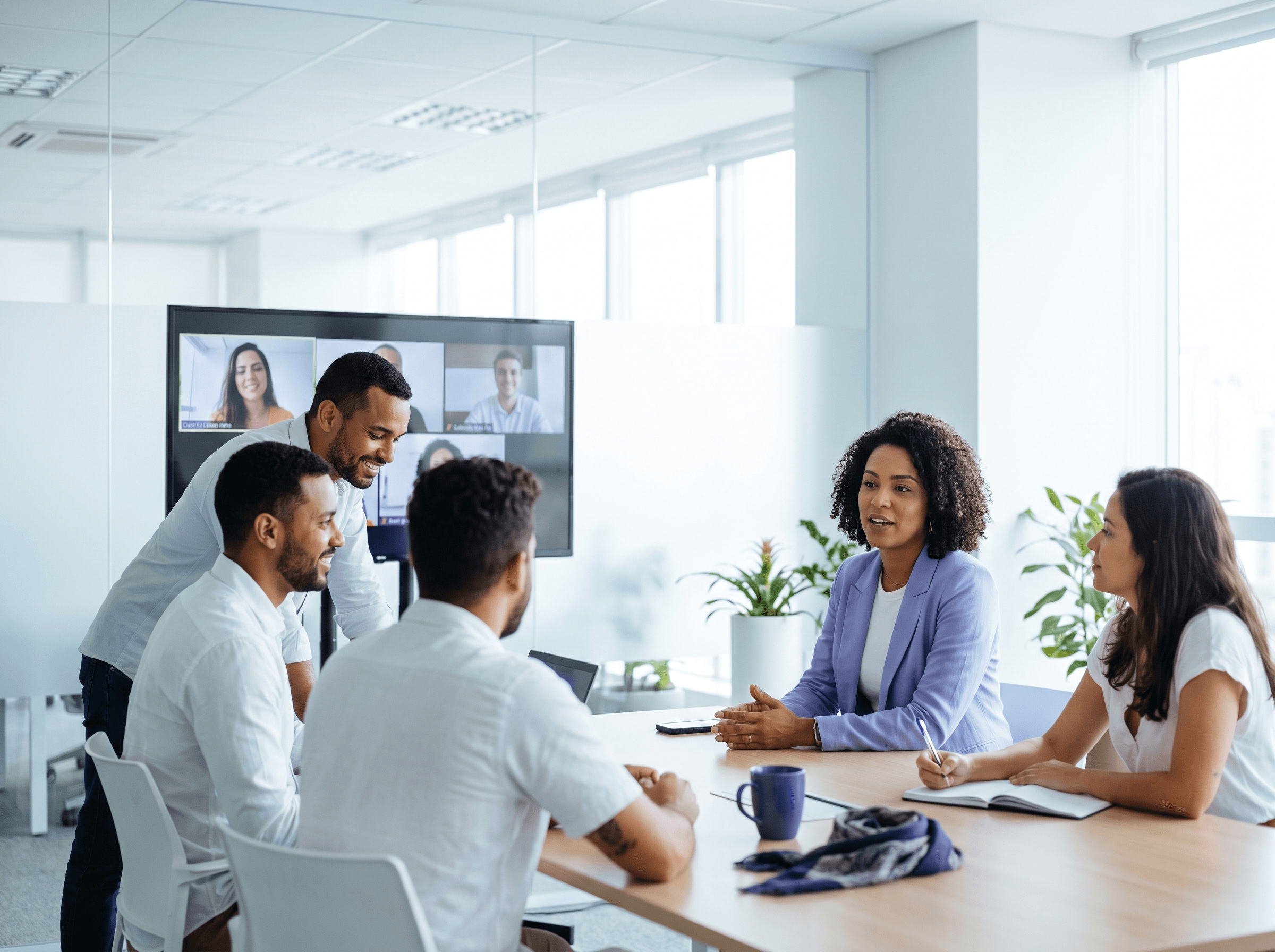 Gerente de marketing conduzindo reunião híbrida com o time e a operação
