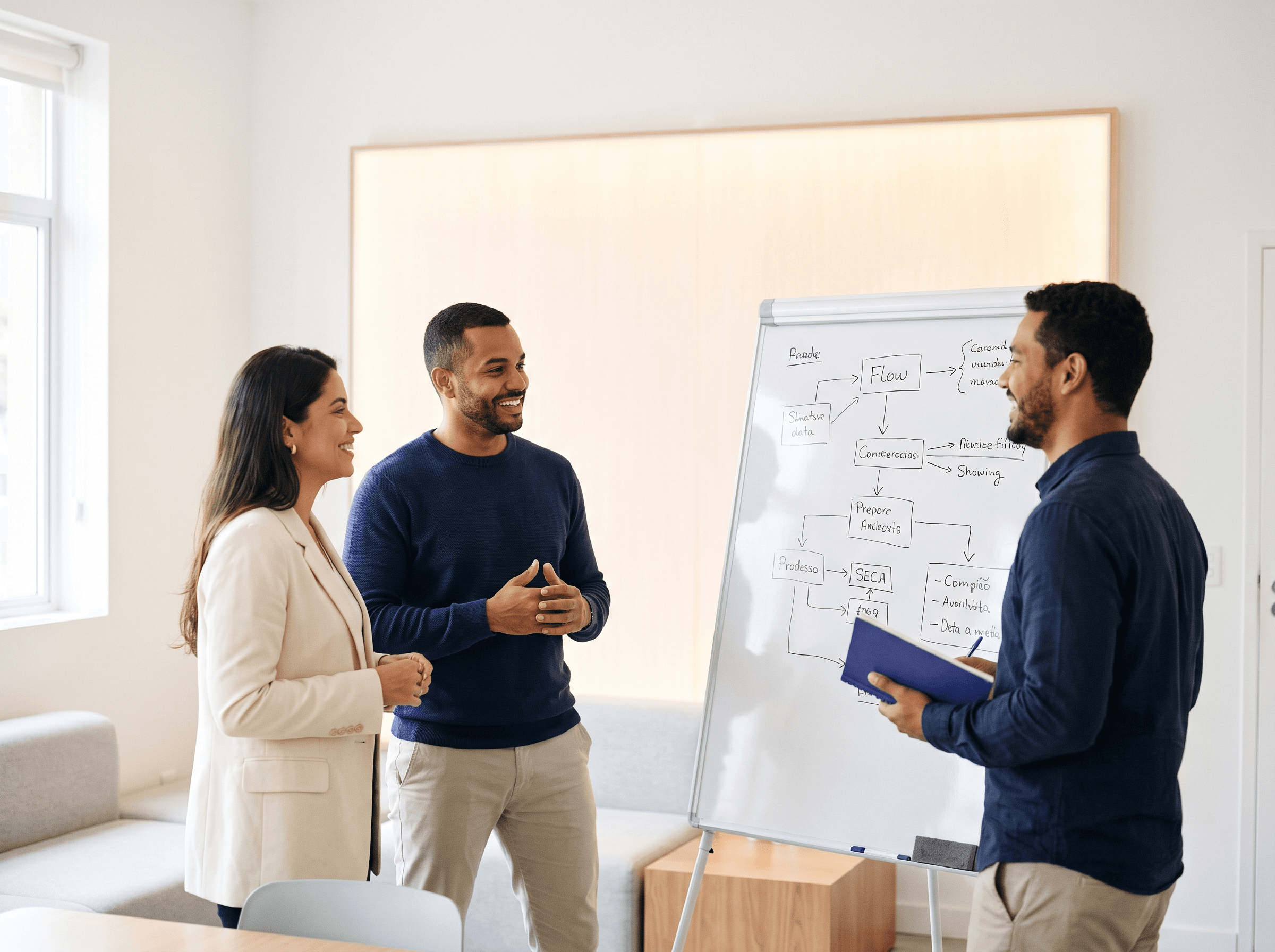 Equipe da operação discutindo o fluxo de trabalho de marketing diante de um painel