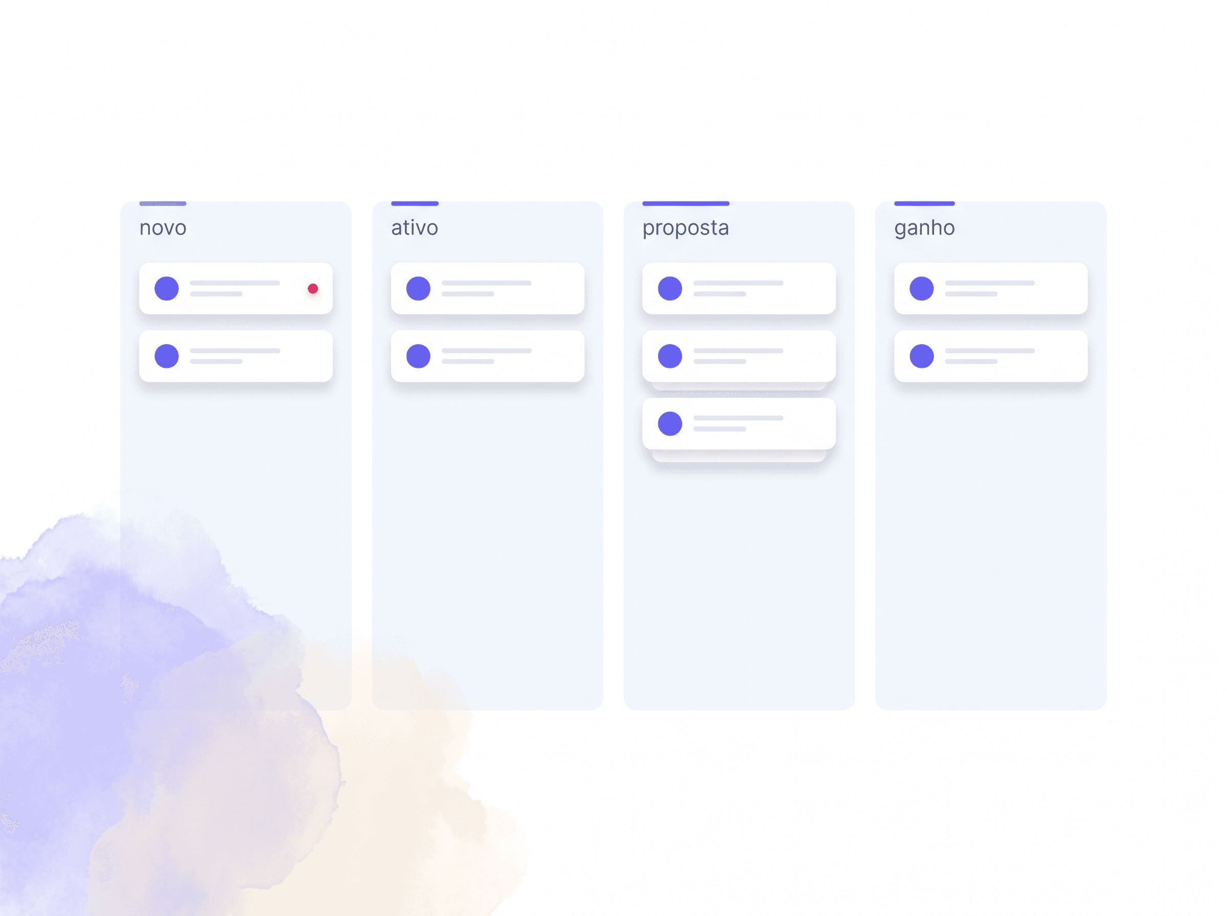 Kanban de pipeline de vendas com colunas de estágio e cards distribuídos